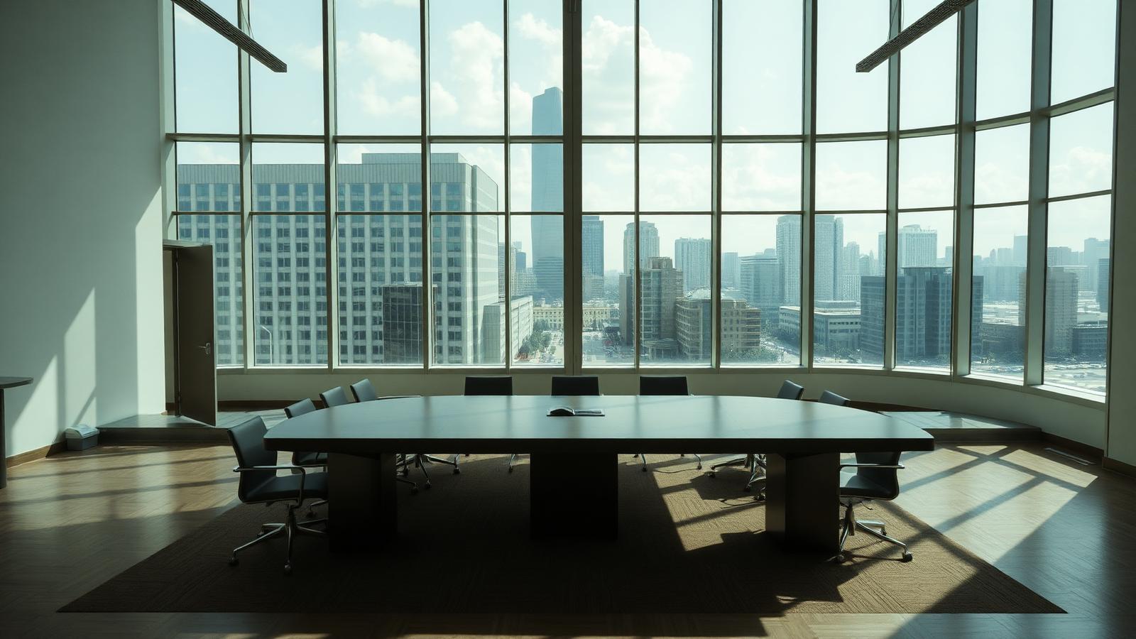 Institutional boardroom with a long table and windows overlooking a city