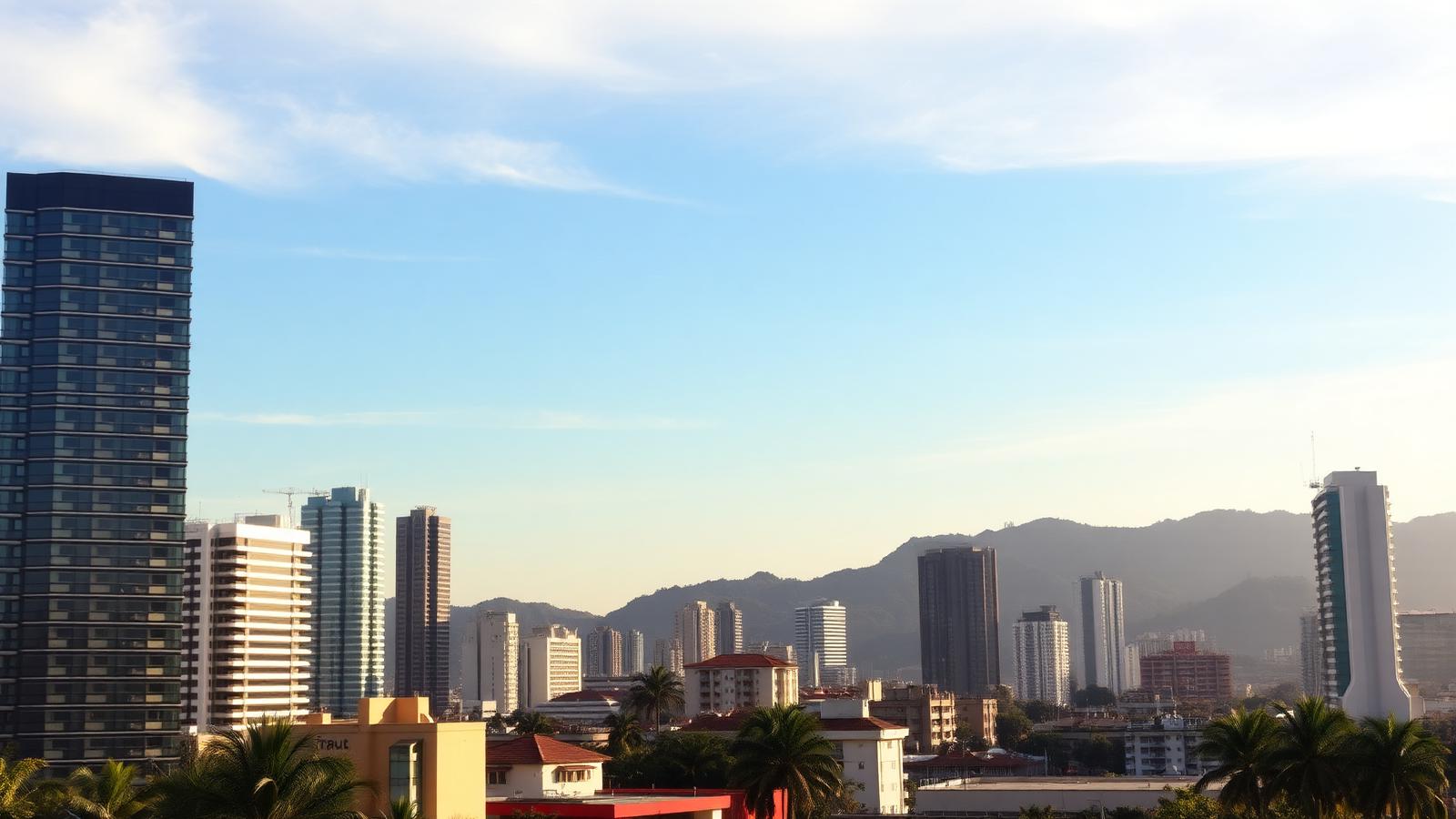 Latin American city skyline with office towers and hills in the background