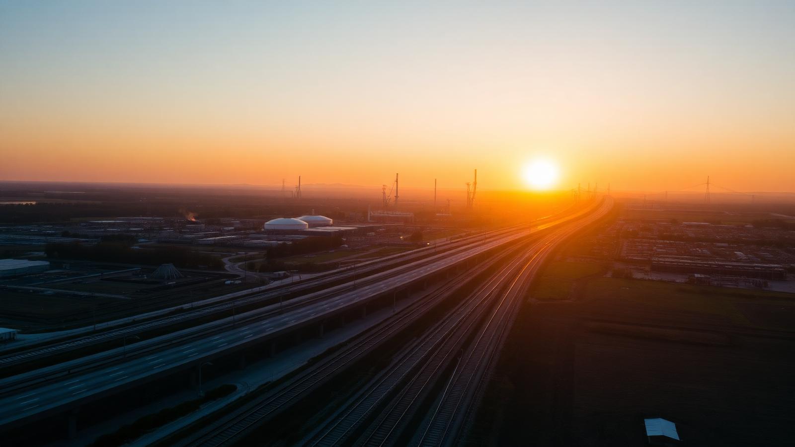 Aerial view at sunrise of an industrial corridor with highway and rail lines