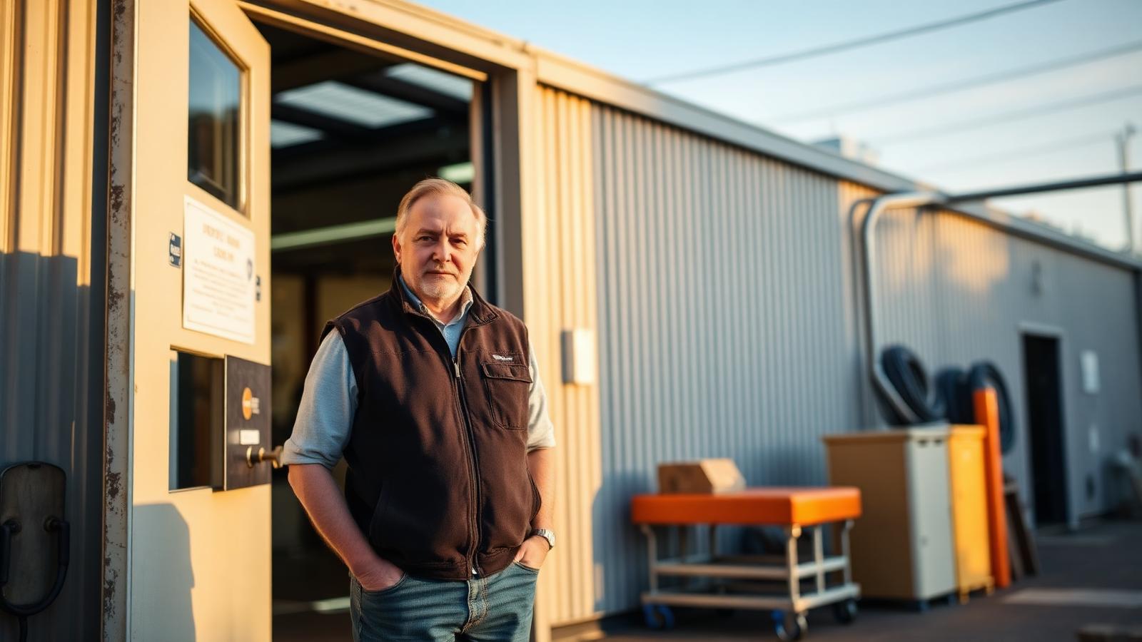 Founder of a family owned testing workshop standing at the entrance of his facility