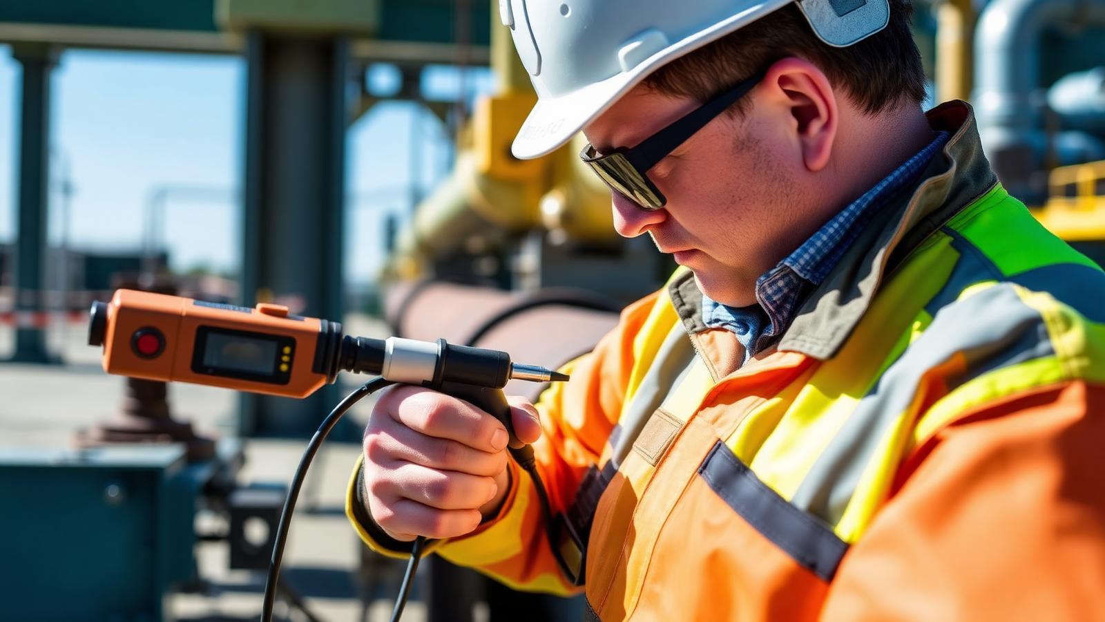 Technician performing ultrasonic non-destructive testing on a pipeline weld