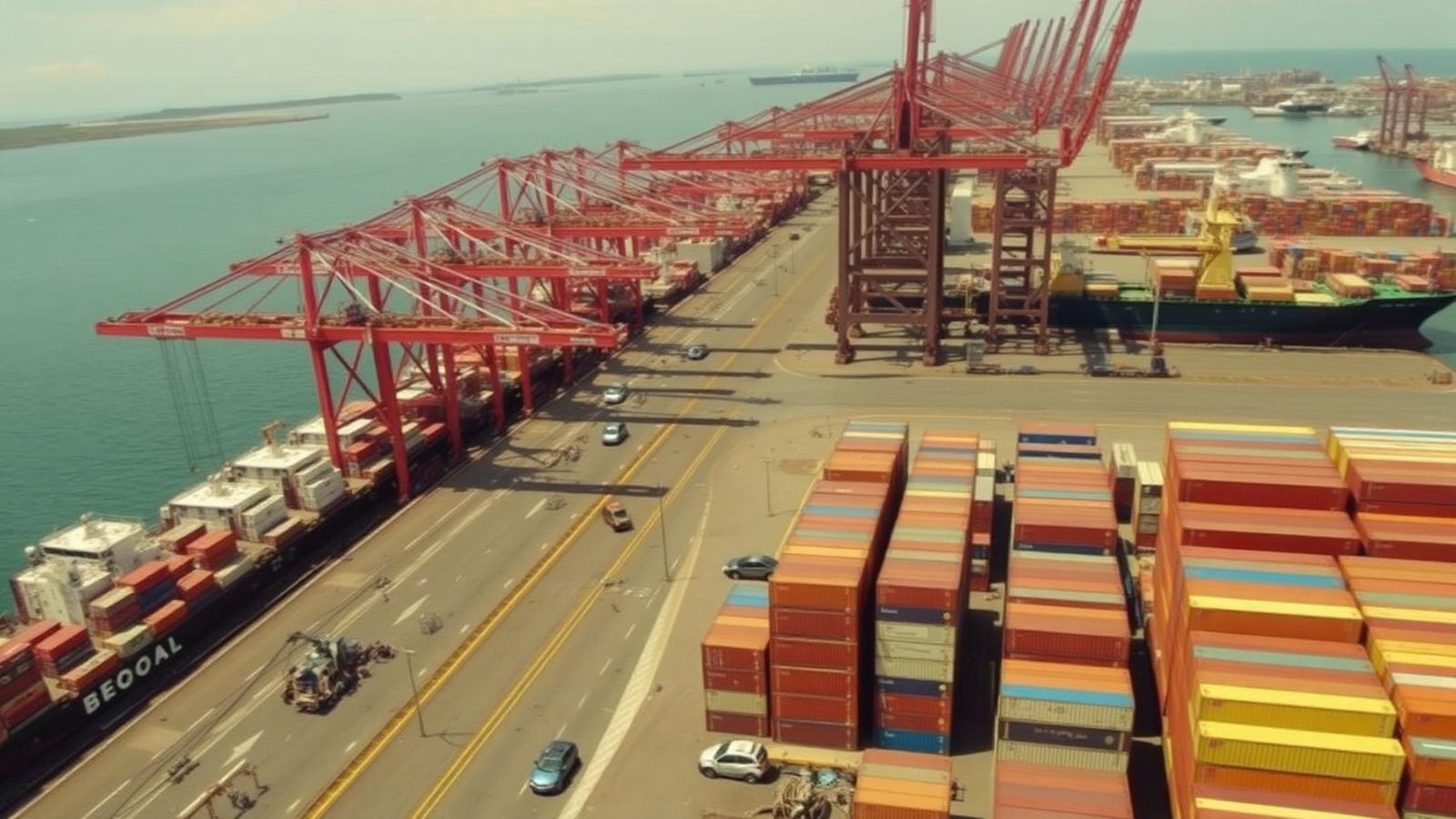 Aerial view of a busy container port with cranes and stacked containers