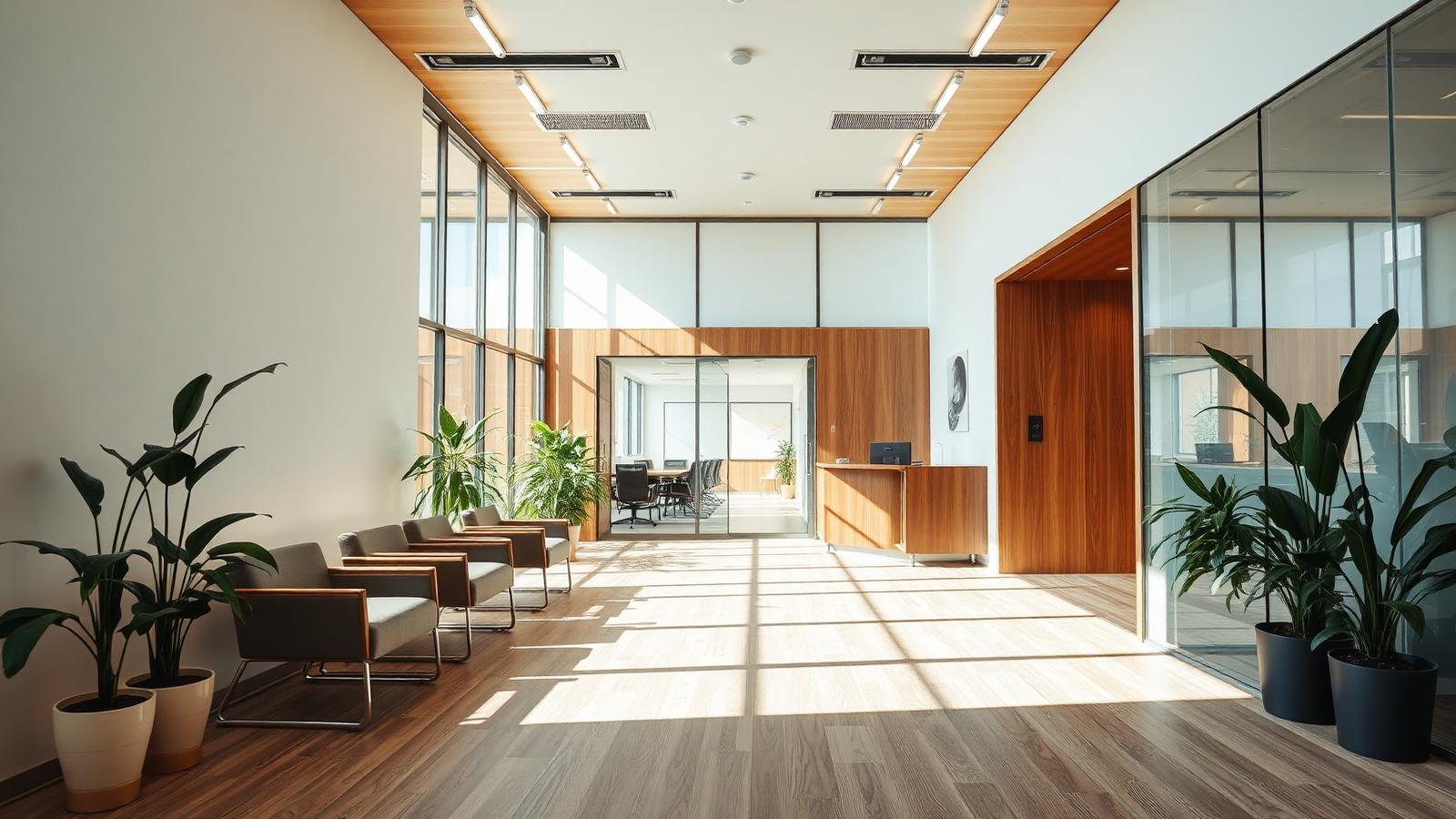 Bright modern office reception area with wood, glass and plants